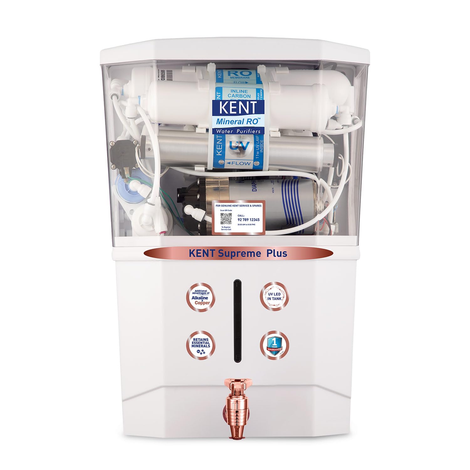 KENT Supreme Plus Alkaline+Copper RO Water Purifier | RO+UV+UF+Alk +Cu+TDSControl+UV LED Tank|Advanced ROTech for Sabse Shudh Paani | Auto Flush | 8L| 20LPH | Ideal for Borewell/Tanker/Municipal Water