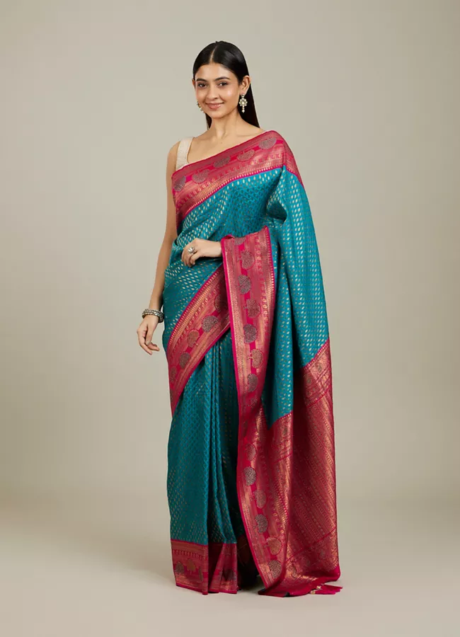 Rama Green Buta Patterned Saree with Floral Leaf Border