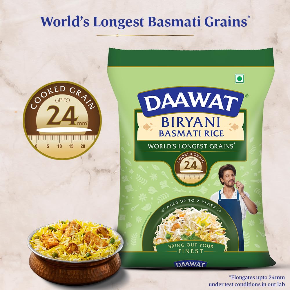 5 Kg Daawat Biryani Basmati Rice | World s Longest Rice Grain expands 24mm* | Tasty, Non-sticky & Rich Aroma |Naturally Aged