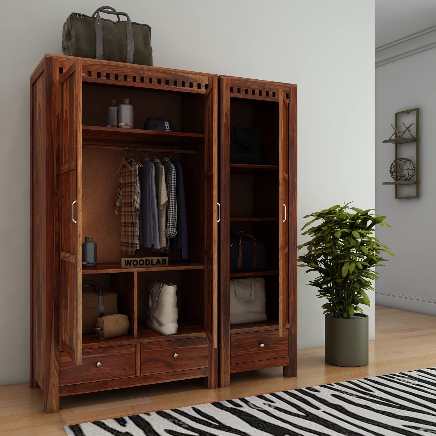 WOODLAB Furniture Sheesham Wood 3 Door Wardrobe Storage with 3 Drawers Wooden Multipurpose Almirah for Home Living Room - Natural Finish